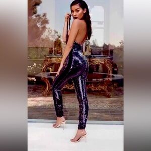 Gorgeous House Of Cb Reía Black Sequin Halter Jumpsuit